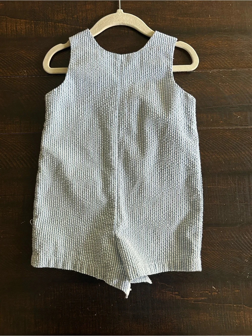Smocked Train Seersucker Jon Jon Shortall Romper Blue Striped Boy